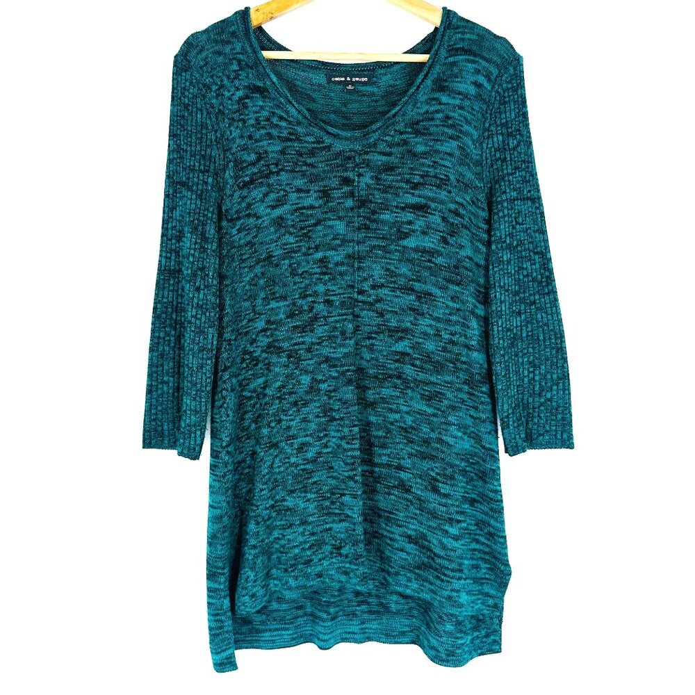 Cable & Gauge Teal Heather Round Neck 3/4 Sleeve Knit Hi-Low Pullover Sweater M - Picture 1 of 8